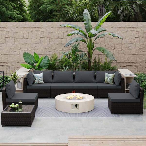 PATIO WATCHER 8-Piece Wicker Patio Conversation Set with Cushions and 42 in. Outdoor Round Fire Pit Table, Dark Grey Cushions