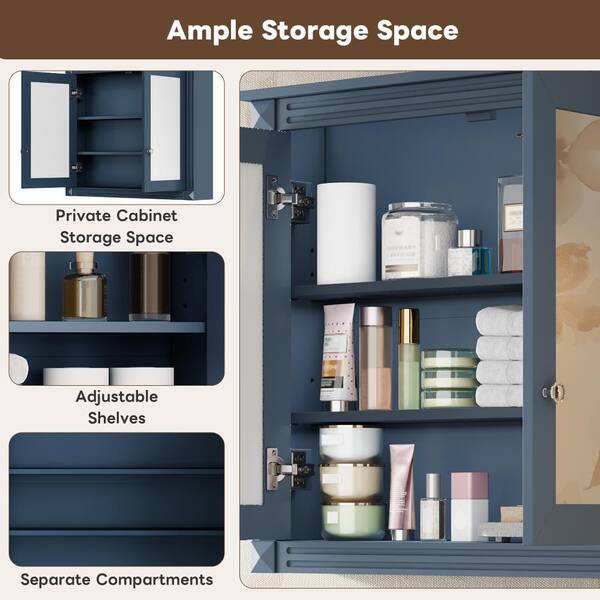 FAMYYT 36 in. W x 28 in. H Blue Rectangular Wood Surface Medicine