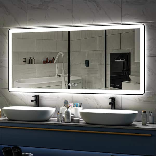 77 in. W x 36 in. H Rectangular Framed LED Anti-Fog Wall Mount Bathroom Mirror in Black with Backlit and Front Light