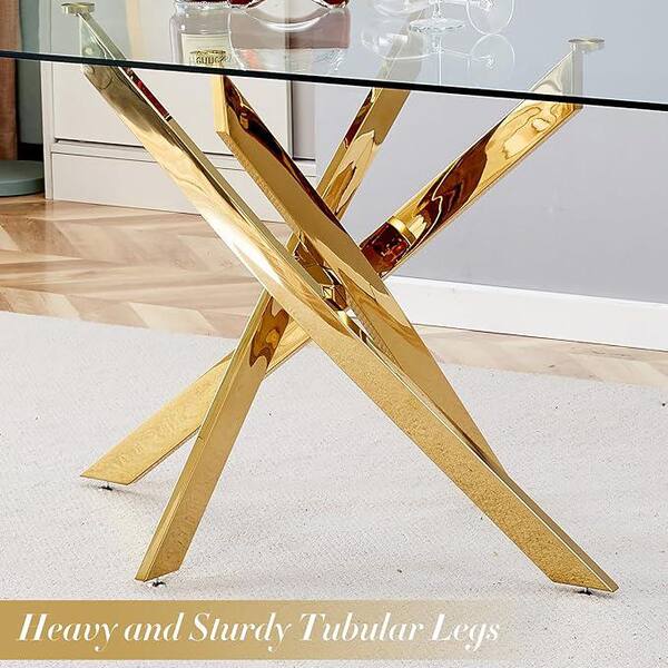 63 in. Gold Tempered Glass Top Metal Cross Legs Dining Table