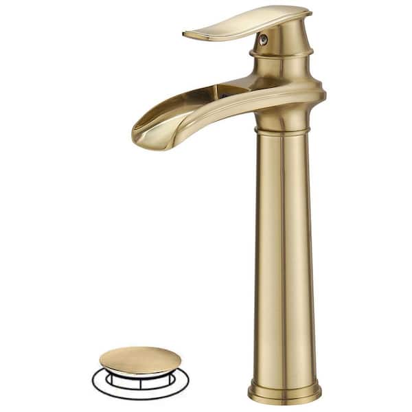 BWE Waterfall Tall Spout Single Hole Single Handle Vessel Sink Faucet in Brushed Gold