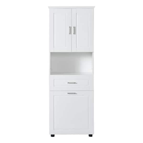 16.29 in. W x 24.72 in. D x 69.92 in. H White Linen Cabinet with Laundry Basket, Upper Storage Cabinet