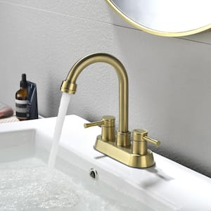 4 in. Centerset Double Handle Bathroom Faucet with with Copper Pop Up Drain and 2 Water Supply Lines in Brushed Gold