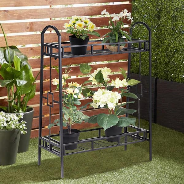 ANGELES HOME 32 in. Tall Indoor/Outdoor Black Steel Plant Stand