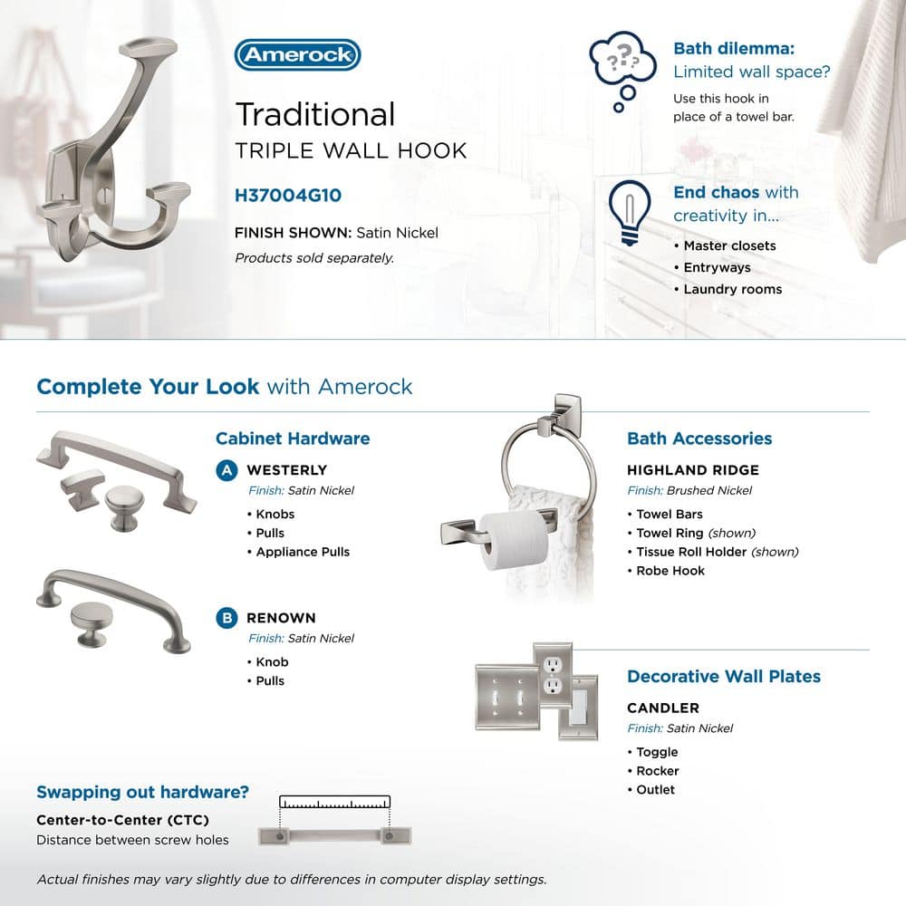 Satin Nickel Triple Prong Decorative Wall Hook