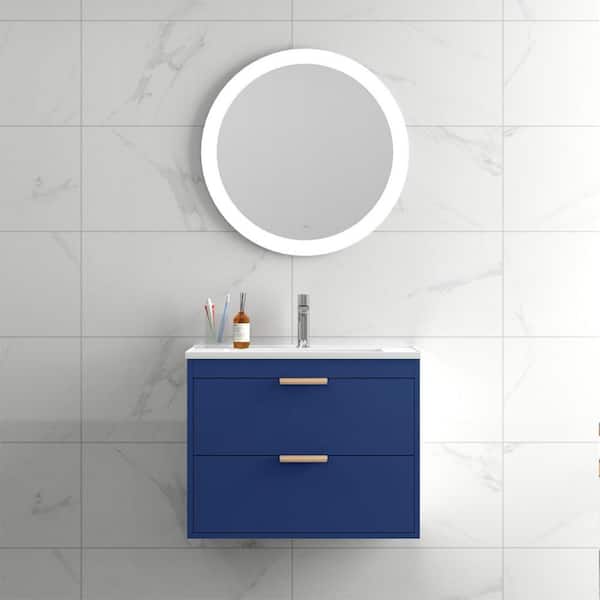 Zeus & Ruta 24 in. W x 17.7 in. D x 18.7 in. H Floating Bath Vanity in Blue with White Porcelain Single Sink and 2-Drawers