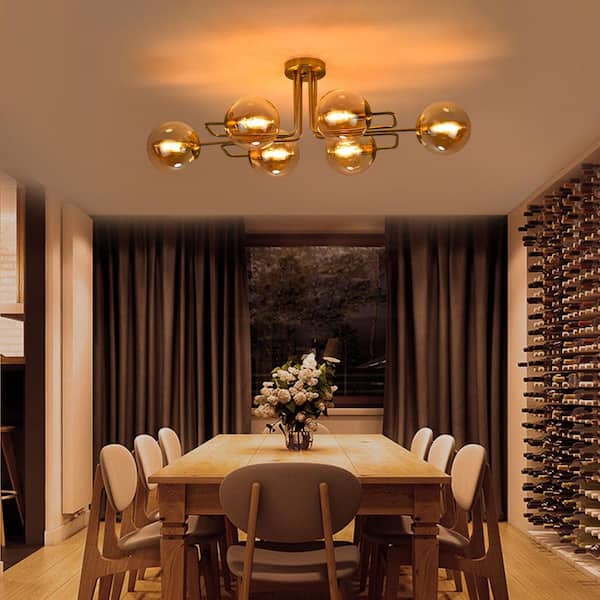 36.6 in. 6-Light Gold Sputnik Modern Linear Bubble Semi-Flush Mount Ceiling Light with Amber Glass Shade