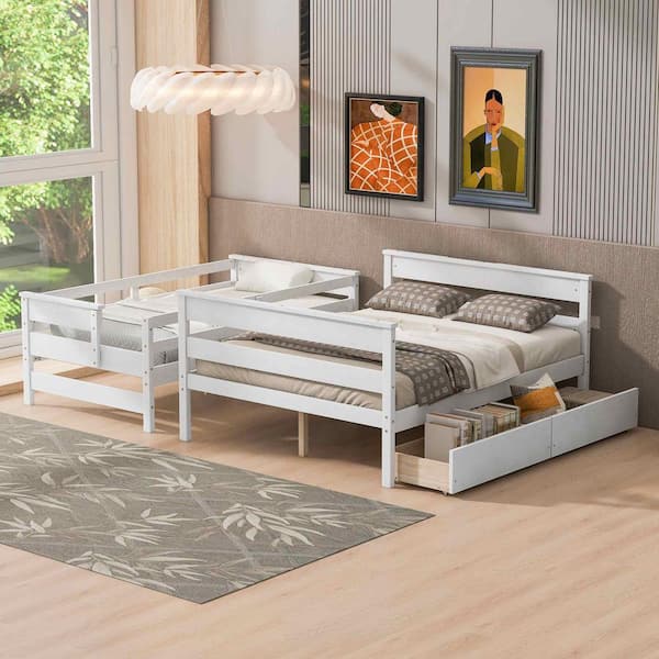 Polibi White Wood Twin over Full Bunk Bed with 2-Drawers