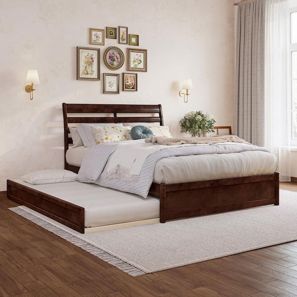 AFI Emelie Walnut Brown Solid Wood Frame Full Platform Bed with Panel Footboard and Twin Trundle
