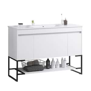 48 in. W x 18 in. D x 33 in. H Single Sink Freestanding Bath Vanity in White with White Ceramic Top, Lower Open Shelves