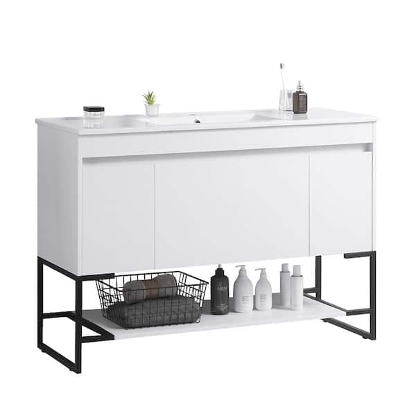 grossag 48 in. W x 18 in. D x 33 in. H Single Sink Freestanding Bath Vanity in White with White Ceramic Top, Lower Open Shelves