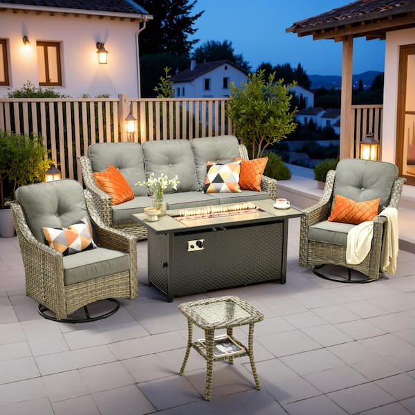 HOOOWOOO Cherry 5-Piece Wicker Outdoor Fire Pit Furniture Patio Conversation Sofa Set with Swivel Chairs and Dark Grey Cushions