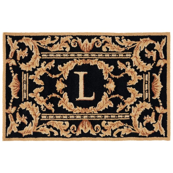 Monogram Black 3 ft. x 4 ft. "L" Ornate Leaf Indoor/Outdoor Area Rug