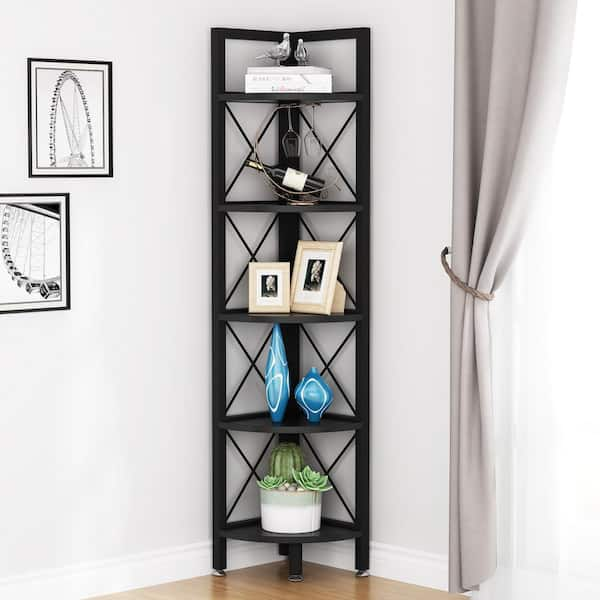 Jannelly 70.8 in. Rustic Brown Wood and Black Metal Frame 6 Tier Radia