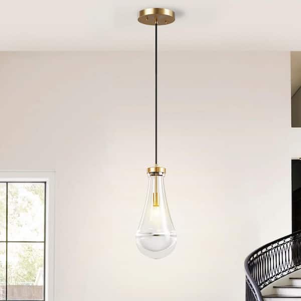 Modern 5 in. 1-Light Gold Raindrop Chandelier Adjustable Pendant Light with Clear Glass Shade, No Bulbs Included