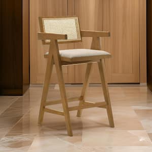 27.75 in. Brown and Beige Low Back Wood Frame Bar Stool with Fabric Seat (Set of 2)