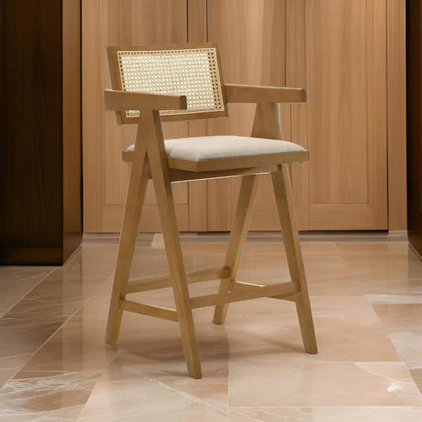 Benjara 27.75 in. Brown and Beige Low Back Wood Frame Bar Stool with Fabric Seat (Set of 2)