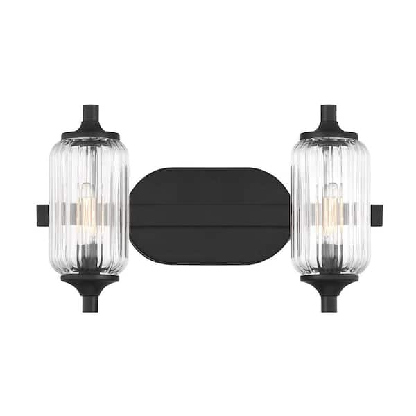 Holton 16 in. W x 9 in. H 2-Light Matte Black Bathroom Vanity Light with Clear Ribbed Glass Shades
