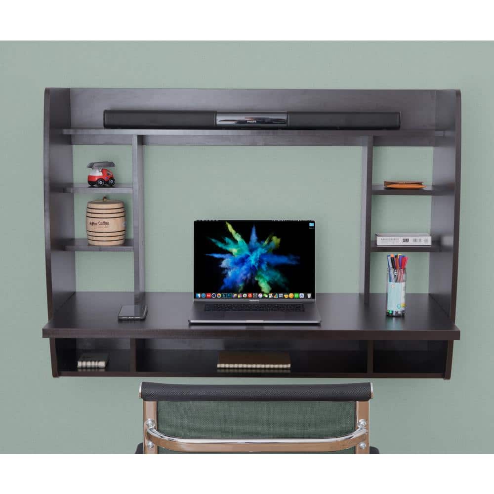 44 in. Rectangular Black Floating Desk with Shelves