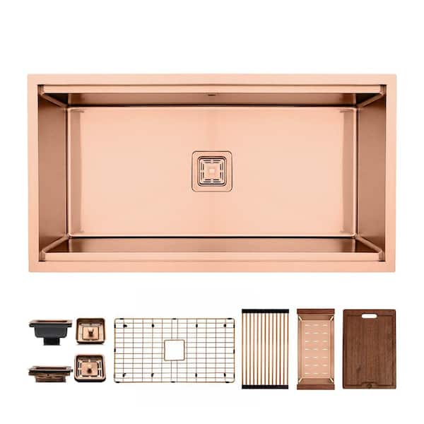 36 in. Undermount Single Bowl 16-Gauge Copper Stainless Steel Workstation Kitchen Sink with Accessories