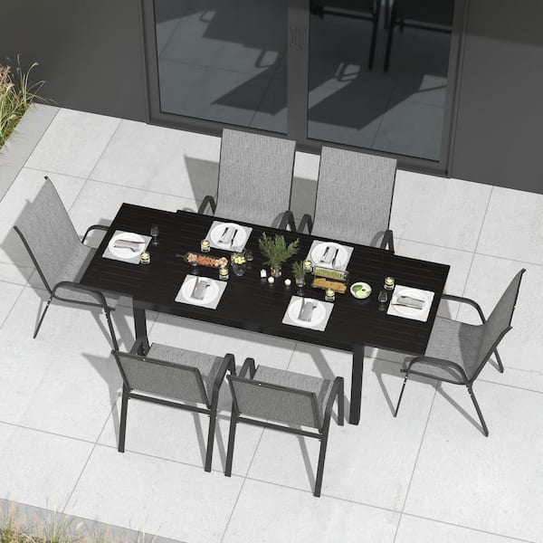 7-Pieces Aluminum Rectangle Outdoor Dining Set with 88.6 in. Extendable Table and 6 Textilene Chairs
