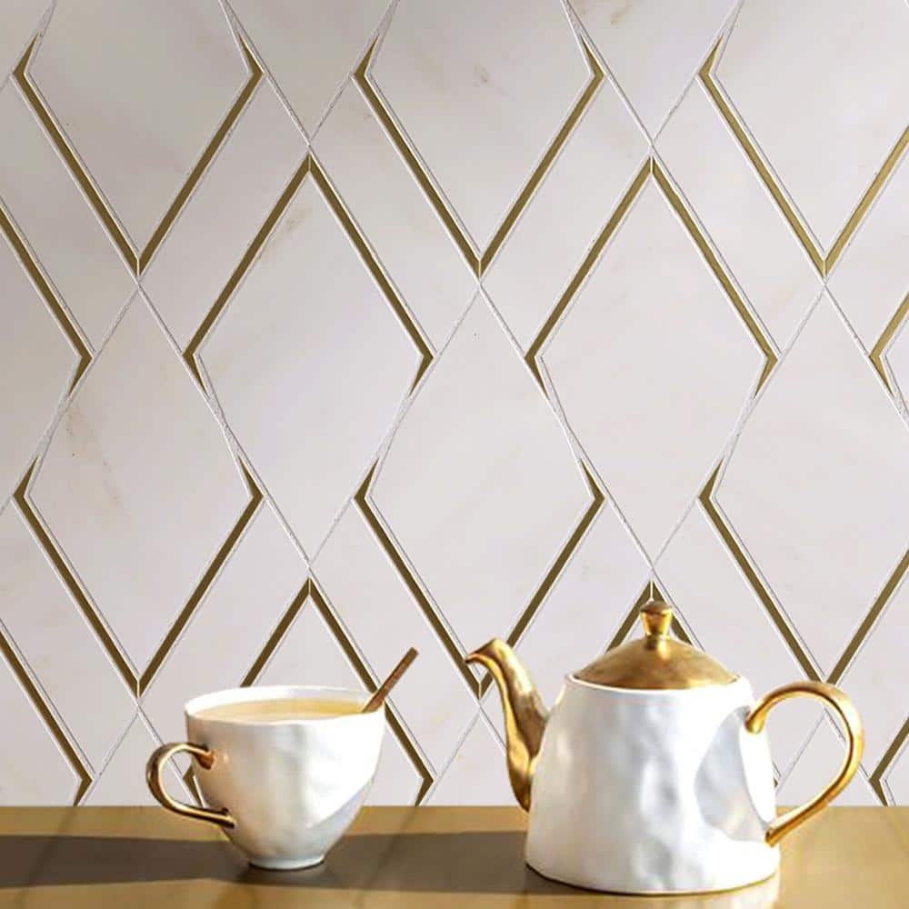 White and Gold Geometric Polished Marble Mosaic Wall Tile