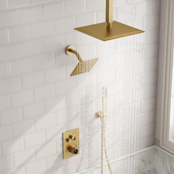 His and Hers Showers 7-Spray 12 in. Thermostatic Cartridge Wall Bar Shower Kit in Brushed Gold Valve Included