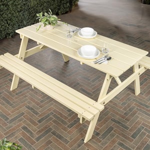 Shoreham 59 in. Modern Classic Outdoor Wood Picnic Table Benches with Umbrella Hole, Almond