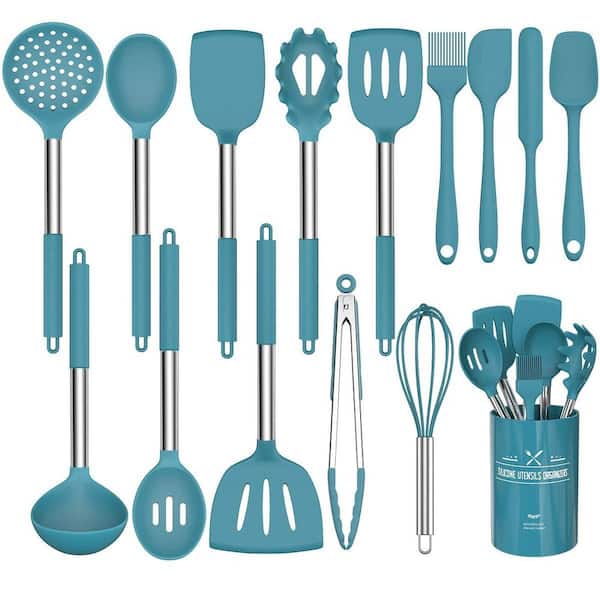 15-Piece Silicone Cooking Kitchen Utensils Set, Non-Stick Kitchen Cookware with Stainless Steel Handle, Blue