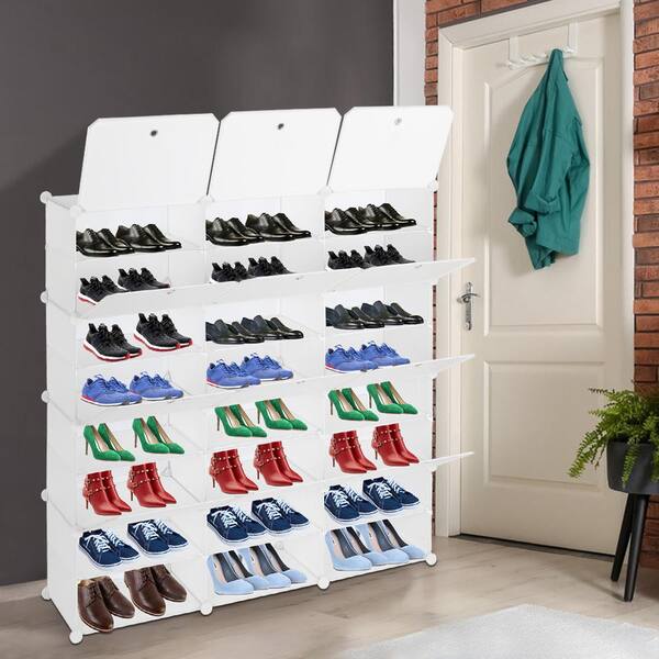 BIRDROCK HOME Shoe Rack Organizer for Closet Floor | 7 Tiers Freestanding |  12 Wide/Small Cubes, 2 Large Cubes Doors | Foldable Storage Cabinet | Fits