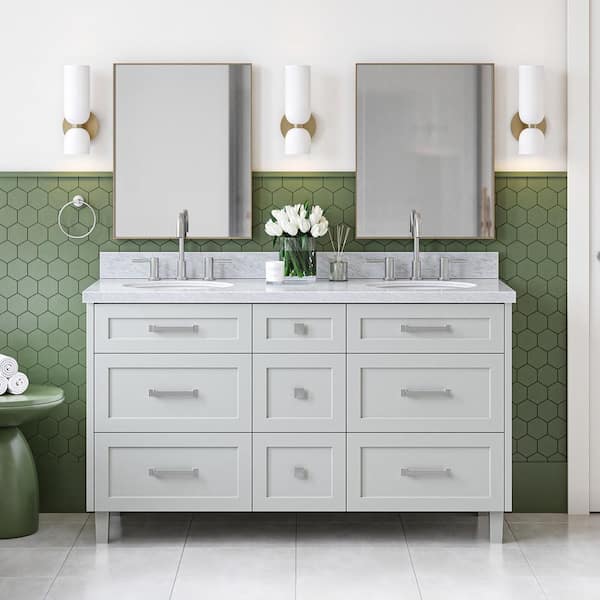 ARIEL Monroe 60 in. Double Sink Freestanding Bathroom Vanity in Gray with Carrara White Marble Top