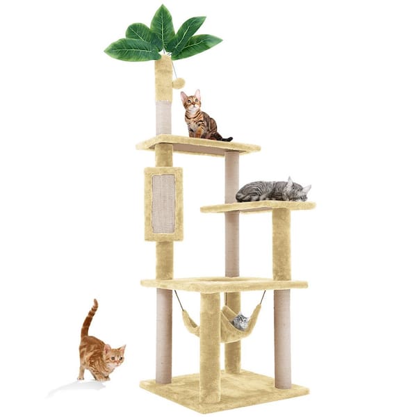 Beige Modern Cat Tree Pet Tower with Scraching Ramp, Hanging Ball
