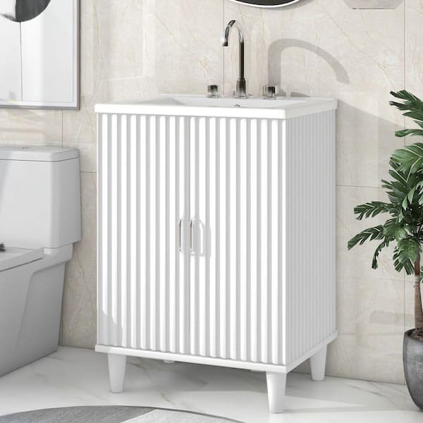Zeus & Ruta 24 in.W x 18.3 in.D x 33.3 in.H Freestanding Bath Vanity in White with White Ceramic Single Sink with Adjustable Shelf