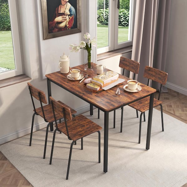 Magic Home 5 Piece Industrial Wooden Dining Table Set with Curved Corner Table, Dining Chairs, Adjustable Foot Pads