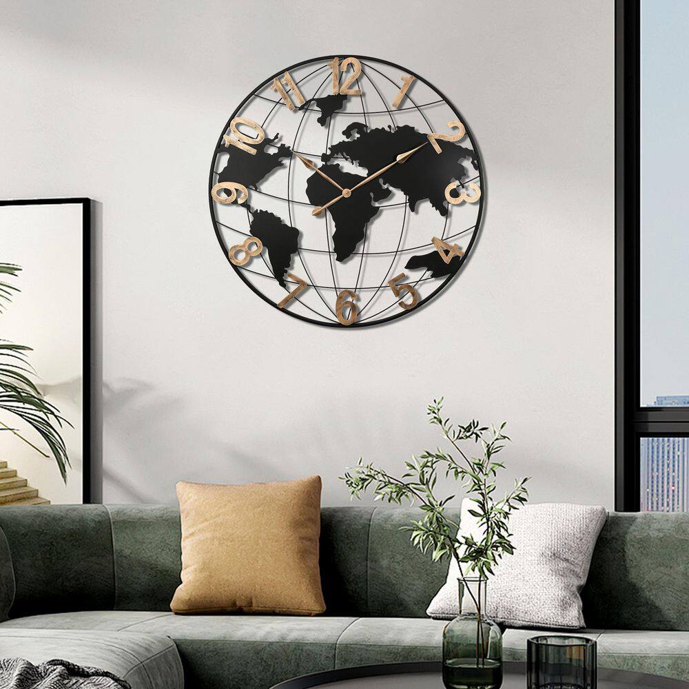 36 in. H Black Modern Silent World Map Wall Clock with Vintage