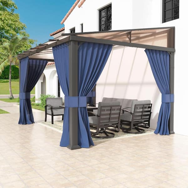 10 ft. x 12 ft. Gray Hardtop Sloping Pitched Roof Gazebo with Curtain Navy Blue