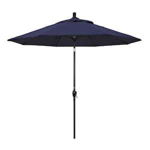 9 ft. Black Aluminum Pole Market Aluminum Ribs Push Tilt Crank Lift Patio Umbrella in Navy Sunbrella
