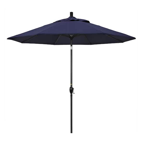 9 ft. Black Aluminum Pole Market Aluminum Ribs Push Tilt Crank Lift Patio Umbrella in Navy Sunbrella