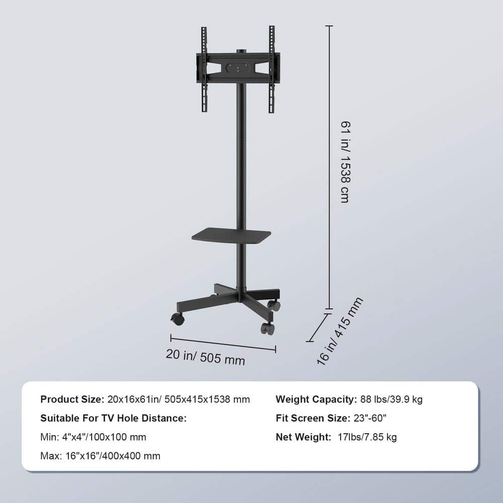 Black Adjustable Mobile TV Stand with Wheels and Tray