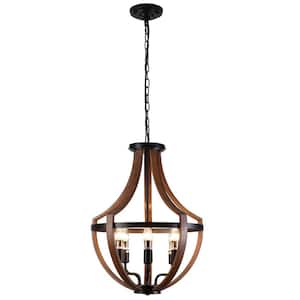 17.7 in. 6-Light Retro Black Adjustable Chain Cage Pendant Light with Wood Shade