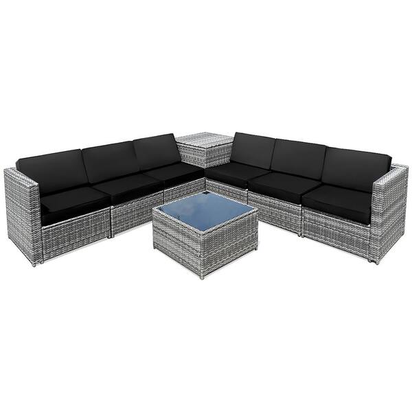 Costway 8-Piece Wicker Patio Conversation Set Rattan Furniture Storage Table with Black Cushions