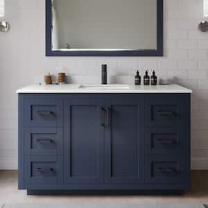Miranda 54 in. W x 22 in. D x 33.75 in. H Single Sink Bath Vanity in Dark Blue with Carrara Cultured Marble Top & Mirror