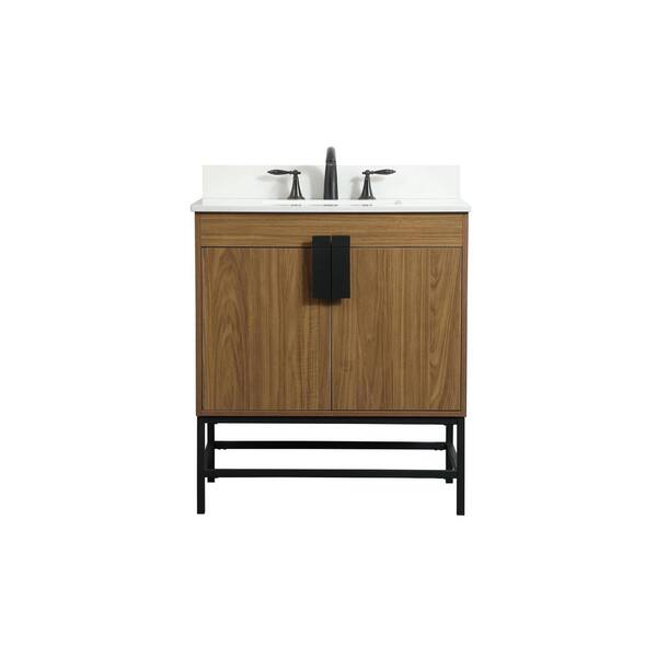 Unbranded Simply Living 30 in. W x 19 in. D x 33.5 in. H Bath Vanity in Walnut Brown with Ivory White Engineered Marble Top
