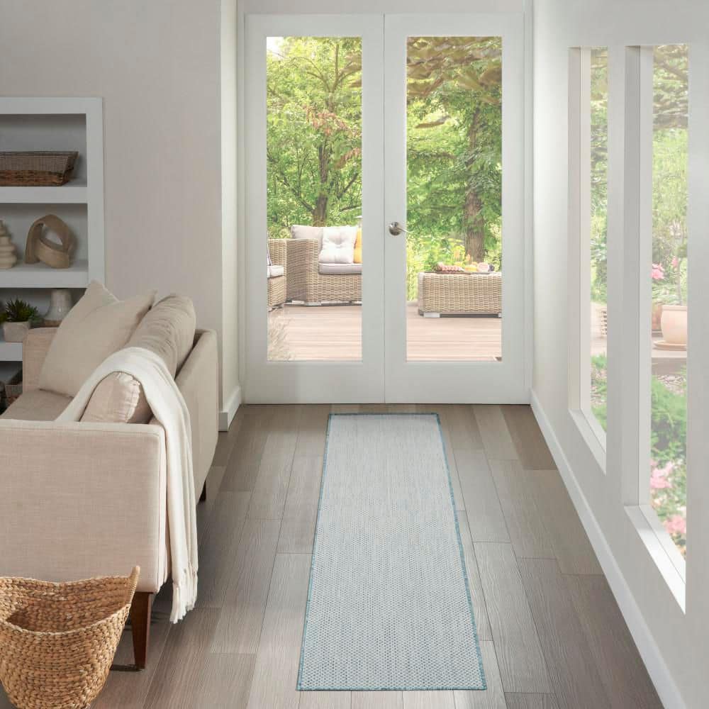 Ivory Aqua Geometric Flat Woven Synthetic Runner Rug