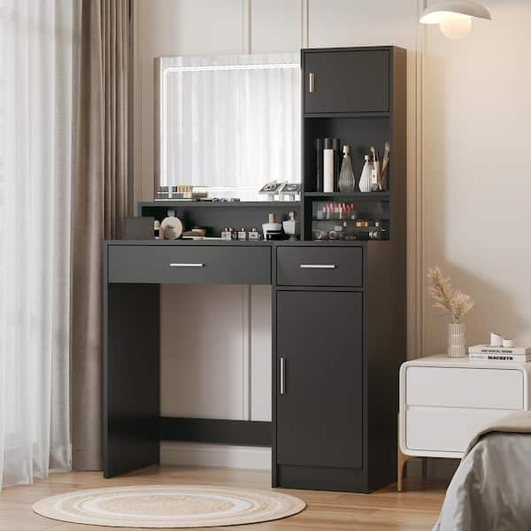 CSC DECOR INC Black Wood Modern Makeup Vanity Desk Dressing Table Vanity Table with Mirror, LED Light, Drawer and Storage Shelves