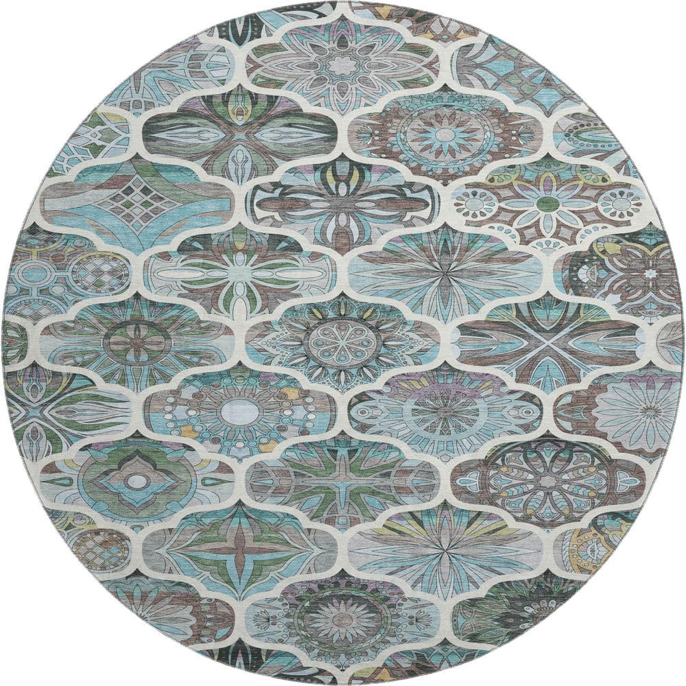 Mayfield Premium Machine Washable Abstract AMF2257 Teal 8 ft. x 8 ft. Round Rug price history on PriceWatchPro