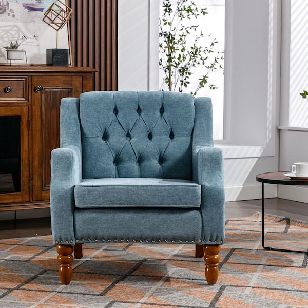 Noble House Valentia Blue Upholstered Linen Accent Chair with Button Tufting, Nailhead Trim, Solid Wood Frame
