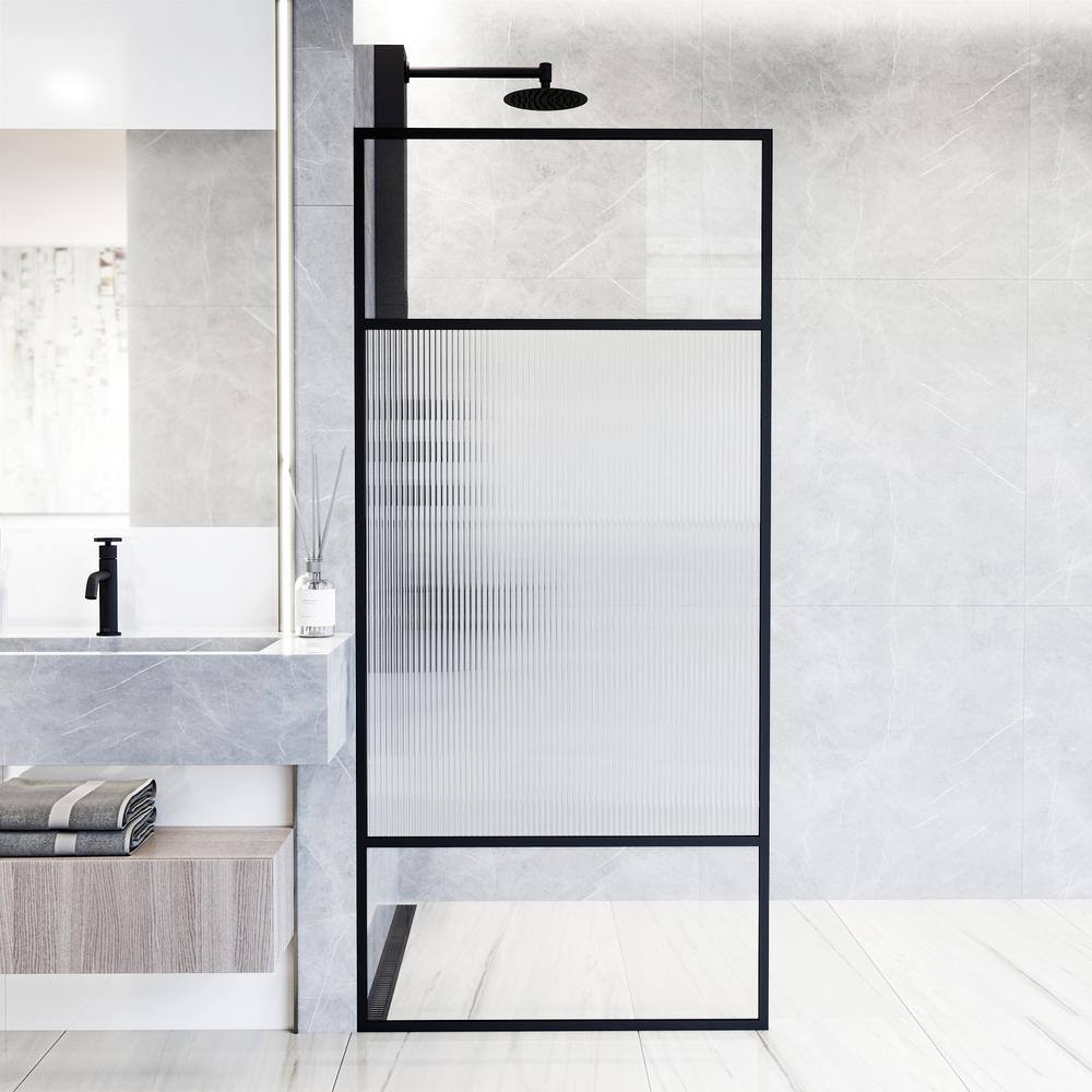 Essex Matte Black 34" x 74" Framed Fluted Glass Shower Screen