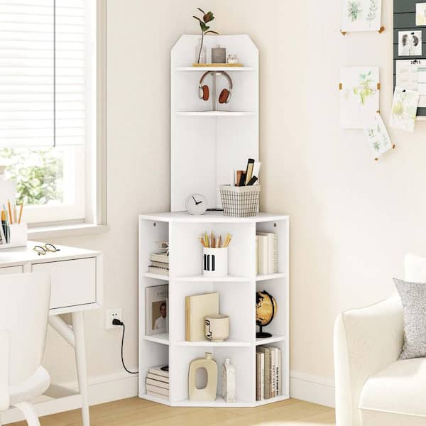 63 in. Tall White Wood 6-Shelf Corner Shelf Corner Bookcase with 2 USB Ports and Charging Station
