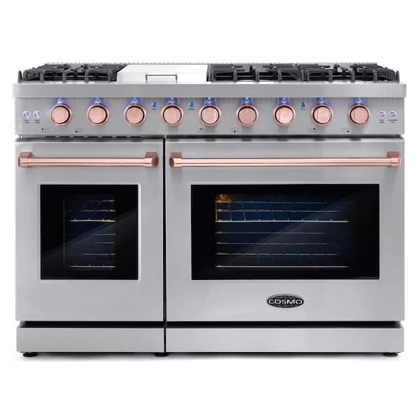 48 in. 7 cu. ft. Double Oven Gas Range, 6-Burners, Griddle, Knob LEDs, Stainless Steel, Rose Gold Handle Knob Kit